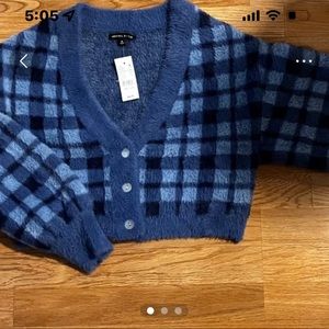 Kendall and Kylie cropped cardigan. NWT size small. Blue plaid and super fuzzy!!